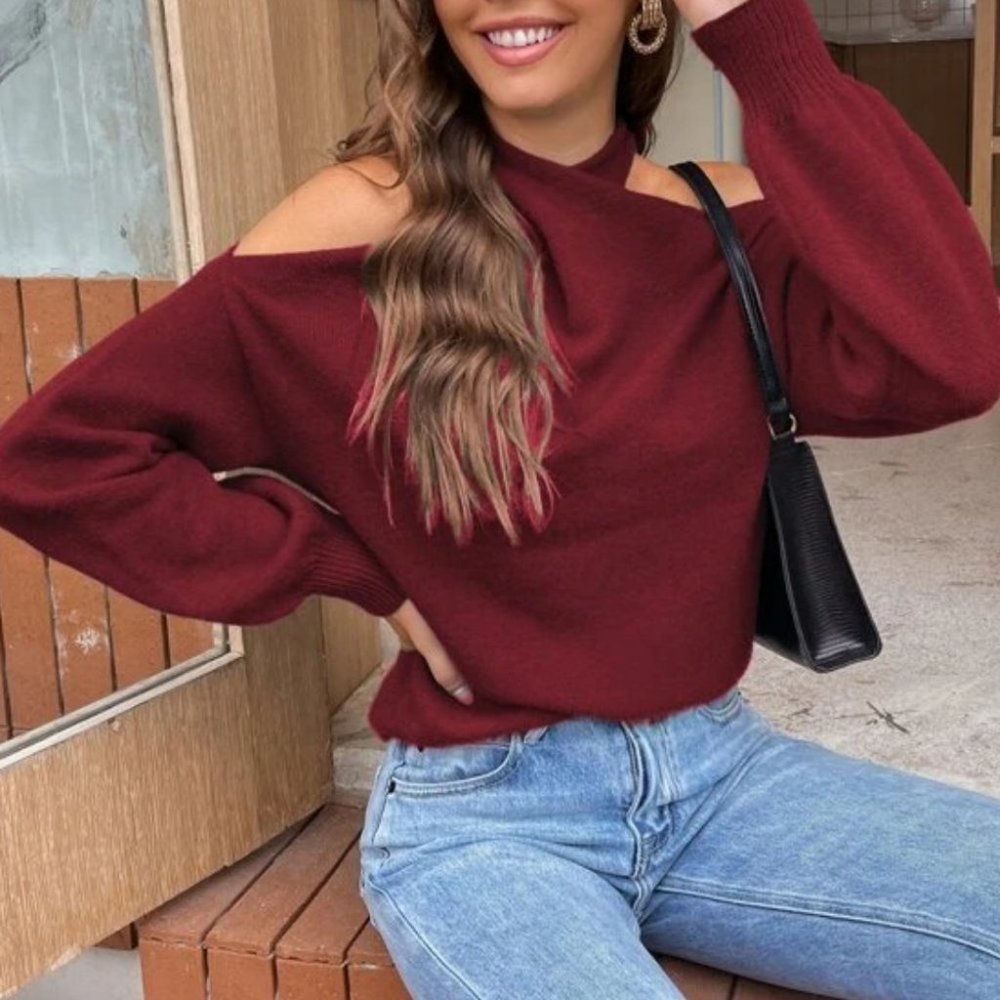 Crisscross Ruched Bishop Sleeve Sweater Burgundy - Picture 4 of 5